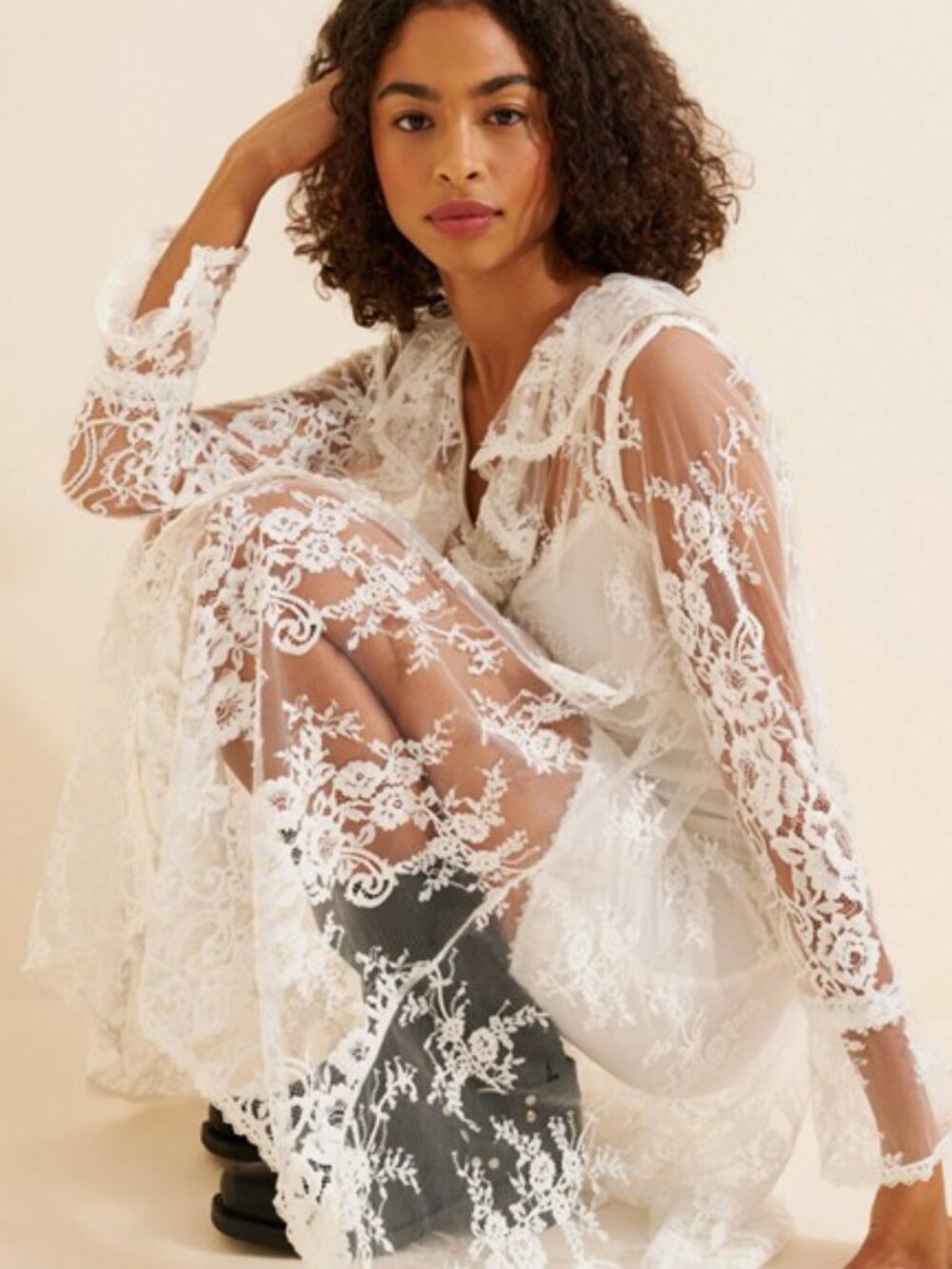 Anthropologie Exquisite Long Sleeve V-Neck Lace Tunic and Slip Dress - Small